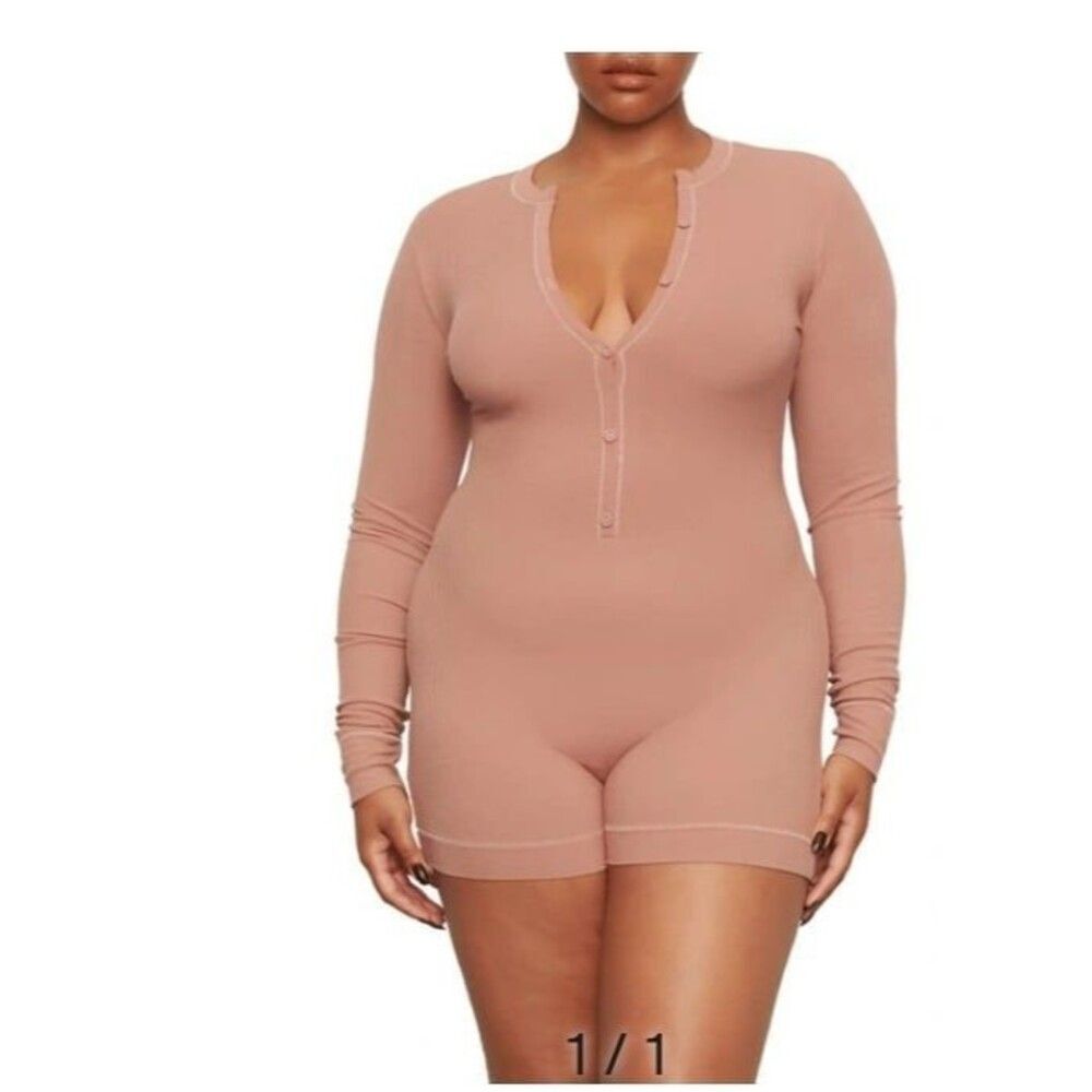 Skims Soft lounge Button Up Henley Onesie Romper Rose Clay